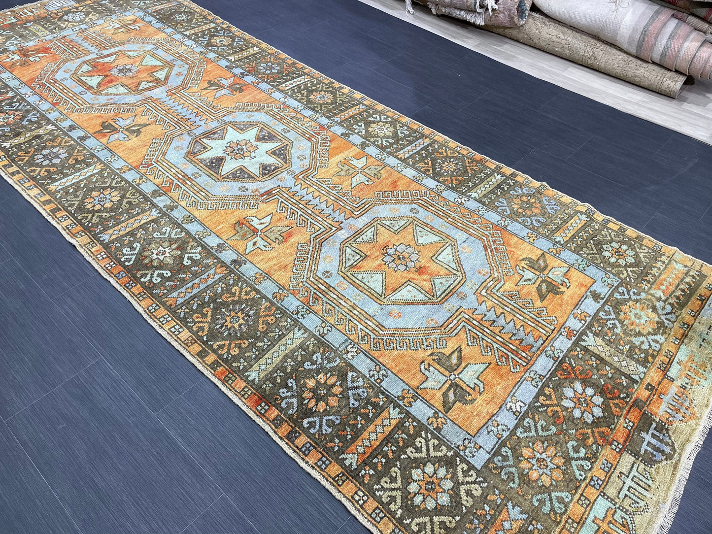 Vintage Hand Knotted Vintage 4.3 x 11.3 Runner Oushak Runner Rug Turkish Runner Rug Vintage Runner Rug Star Kitchen Runner Natural Wool