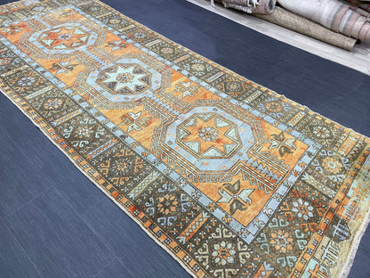 Vintage Hand Knotted Vintage 4.3 x 11.3 Runner Oushak Runner Rug Turkish Runner Rug Vintage Runner Rug Star Kitchen Runner Natural Wool