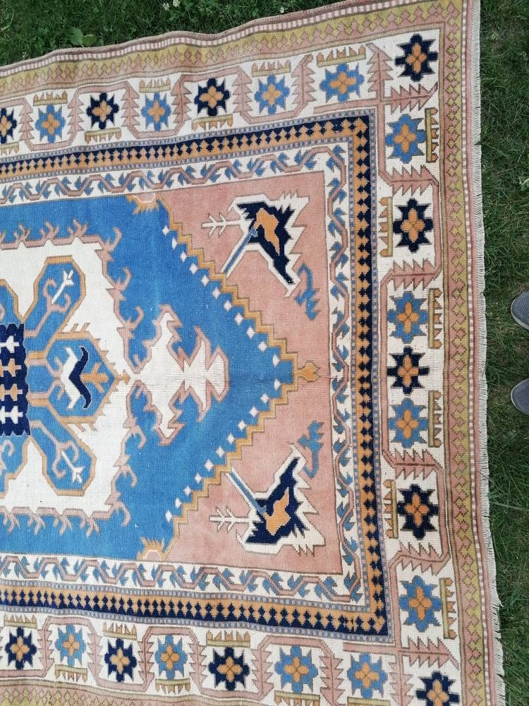 Turkish oushak wool rug 6'8x9'6 large blue rug, vintage handmade rug bohemian rug living room rug