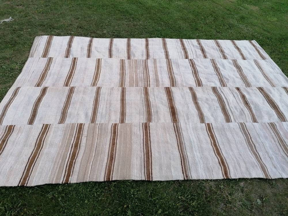 8x12 feet flatweave wool kilim, neutral color stripe rug handmade turkish kilim rug, oversize oushak brown kilims, hallway kilims