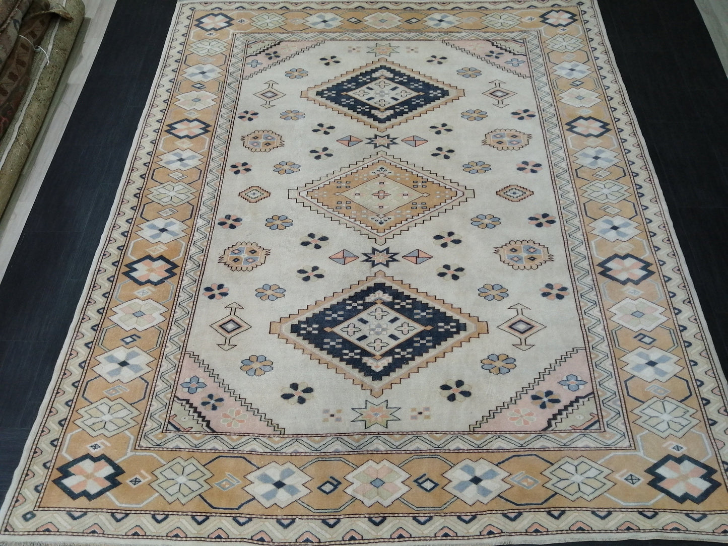 Oriental RUG 7.7 x 9 Oushak Rug Turkish Vintage Persian Rug Navy Vintage Rug Fine Wool Oushak Rugs 8x9 Turkish Rug Muted Living room Rug