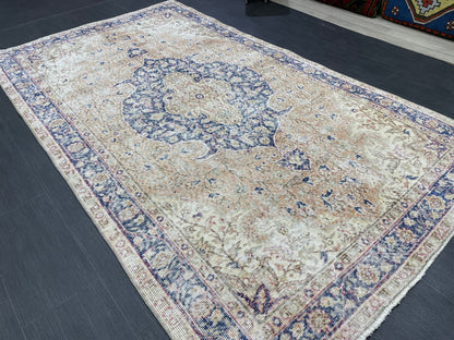 Persian RUG Vintage TURKISH 5 x 8.7 Rug Blue Vintage Rug Wool Oushak Rug Handmade Rug Hand Knotted Rug Natural Wool Rug