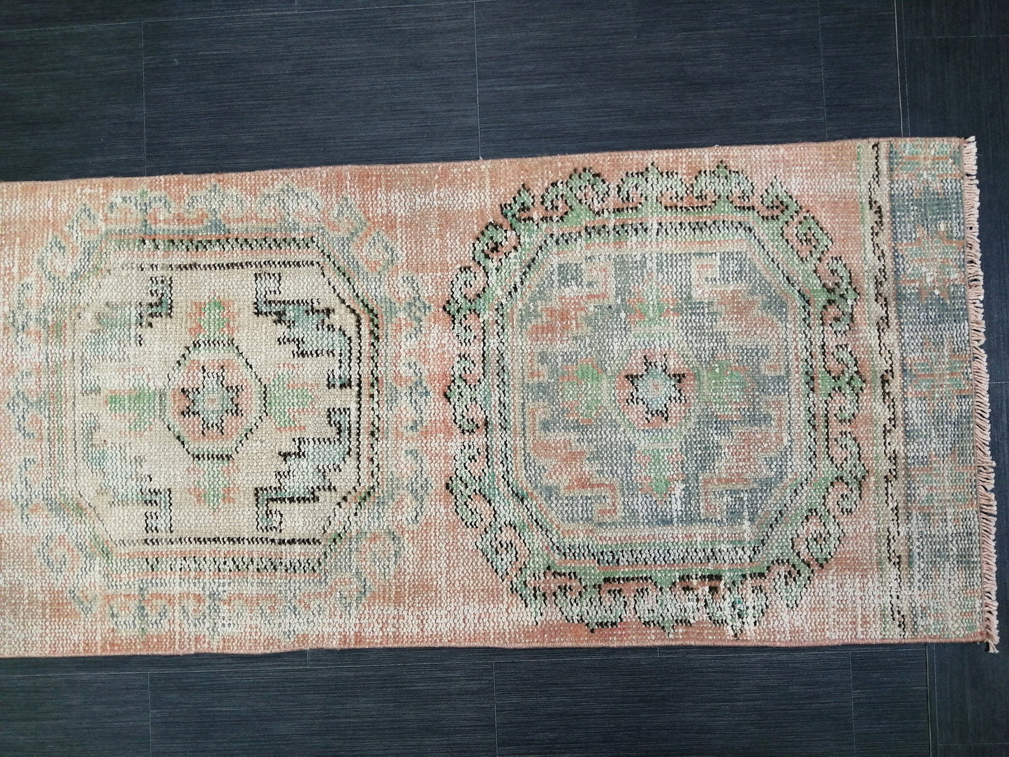 11.9x2.2 Distressed Runner Rug Turkish Runner Rug Muted Vintage Runner Rug  Faded Hallway Runner Rug Kitchen Runner Rug Wool Runner Rug