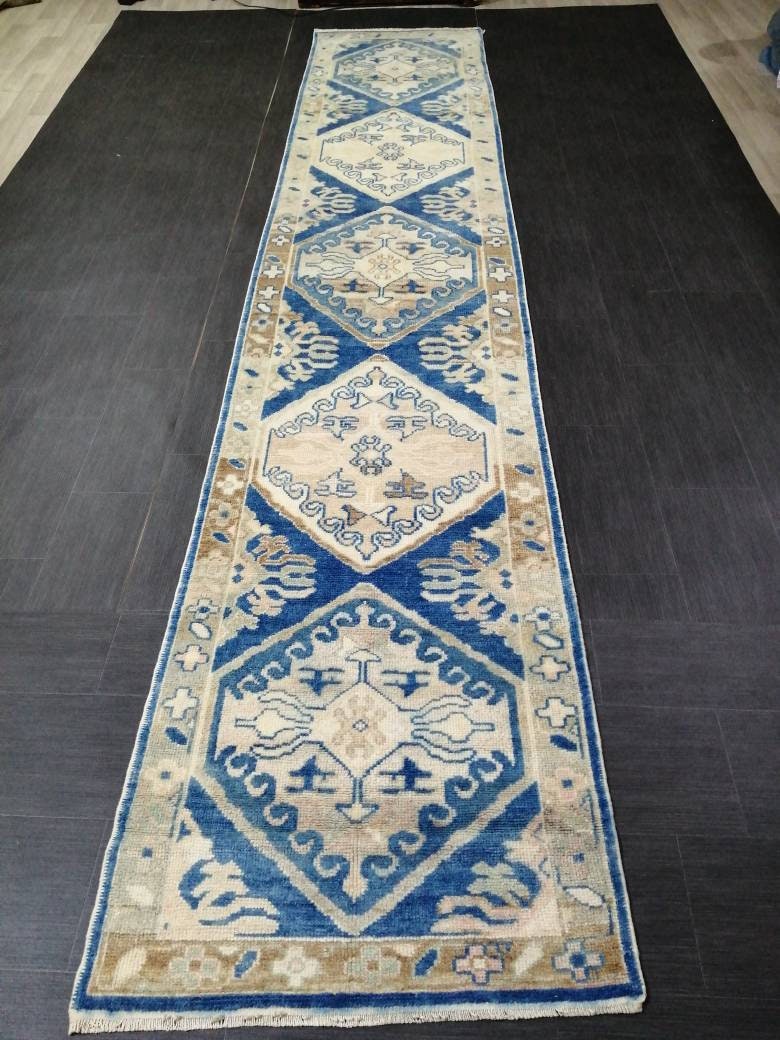 Blue Turkish Oushak Runner 2.8 x 14.5 Turkish Runner Rug XL Vintage Runner Rug Long Hallway Runner Rug Kitchen Runner High Wool Pile Runner