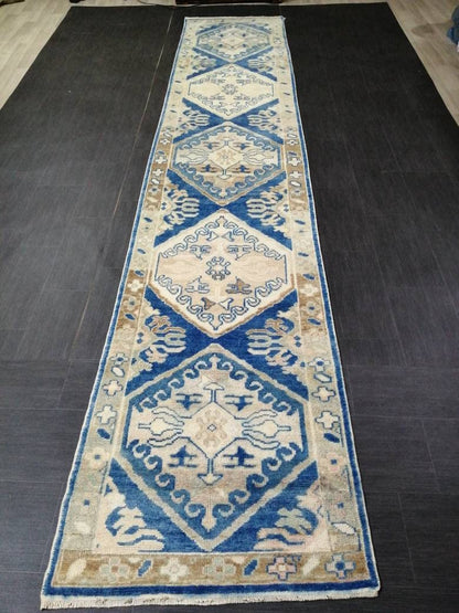 Blue Turkish Oushak Runner 2.8 x 14.5 Turkish Runner Rug XL Vintage Runner Rug Long Hallway Runner Rug Kitchen Runner High Wool Pile Runner