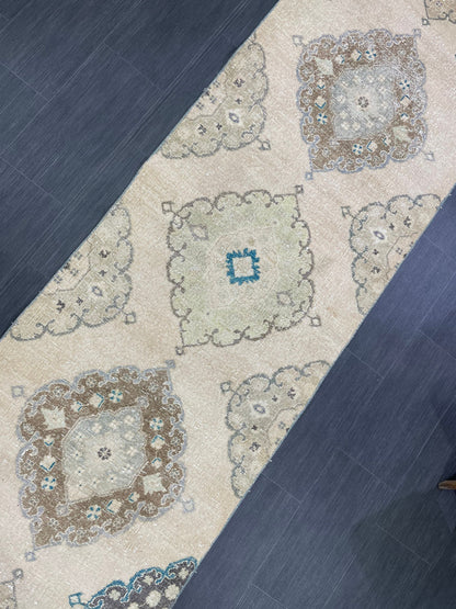 Muted Turkish Runner Rug Vintage 3 x 13.7 Runner Rug Hallway Runner Rug Hand Knotted Runner Kitchen Runner Rug Handmade Runner Rug