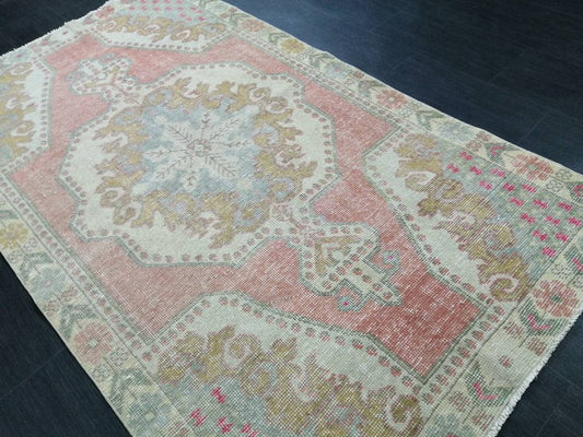 3.9 x 7  OUSHAK RUG TURKISH  Muted Colors Rug Vintage Oushak Runner Rug Vintage Runner Rug Wool Rug Hand Made Rugs Vintage Turkish Rug