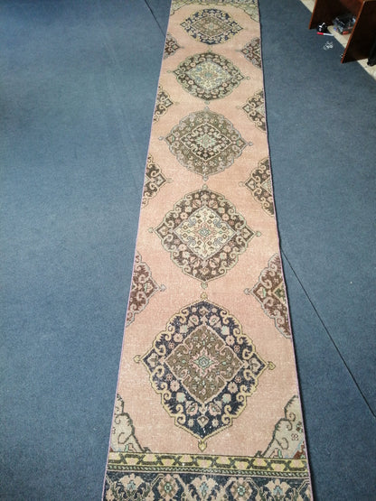 13.4 x 2.6 Vintage Oushak Runner Rug Turkish Runner Rug Vintage Runner Rug Hallway Runner Rug Kitchen Runner Rug Wool Runner Rug Wool Oushak