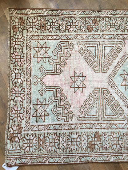 3x5 feet handmade antique persian motif rug, wool medium blue muted turkish living room rug, bohemian style kitchen floor rug, vintage rug