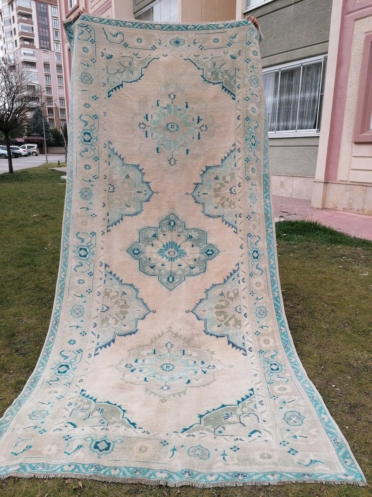 Oushak wool rug 5'4x10'8 long faded blue oushak runner rug vintage runner, hallway runner, kitchen runner rug