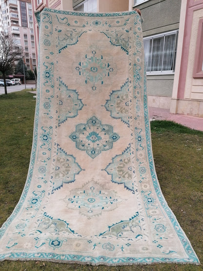 Oushak wool rug 5'4x10'8 long faded blue oushak runner rug vintage runner, hallway runner, kitchen runner rug