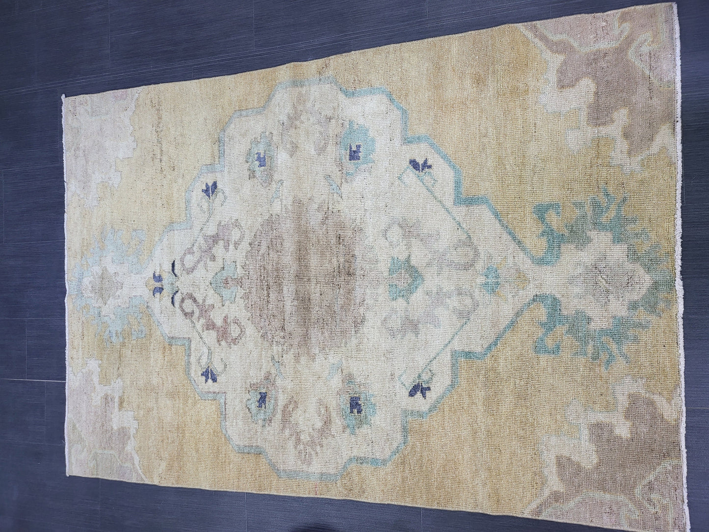 Turkish Rug, Oushak Rug, Wool 4 x 5.8 Oriental Rug, Blue Oushak Vintage Persian Rug, Handmade Rug