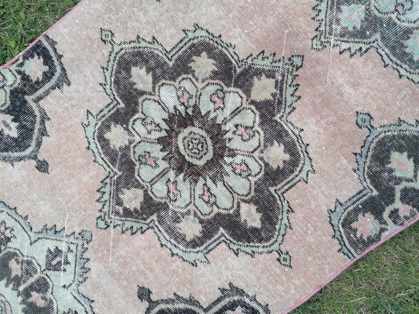 2'8x11'10 oushak turkish runner rug, vintage green runner rug, vintage wool runne, vintage hand made rug , kitchen runner rug,