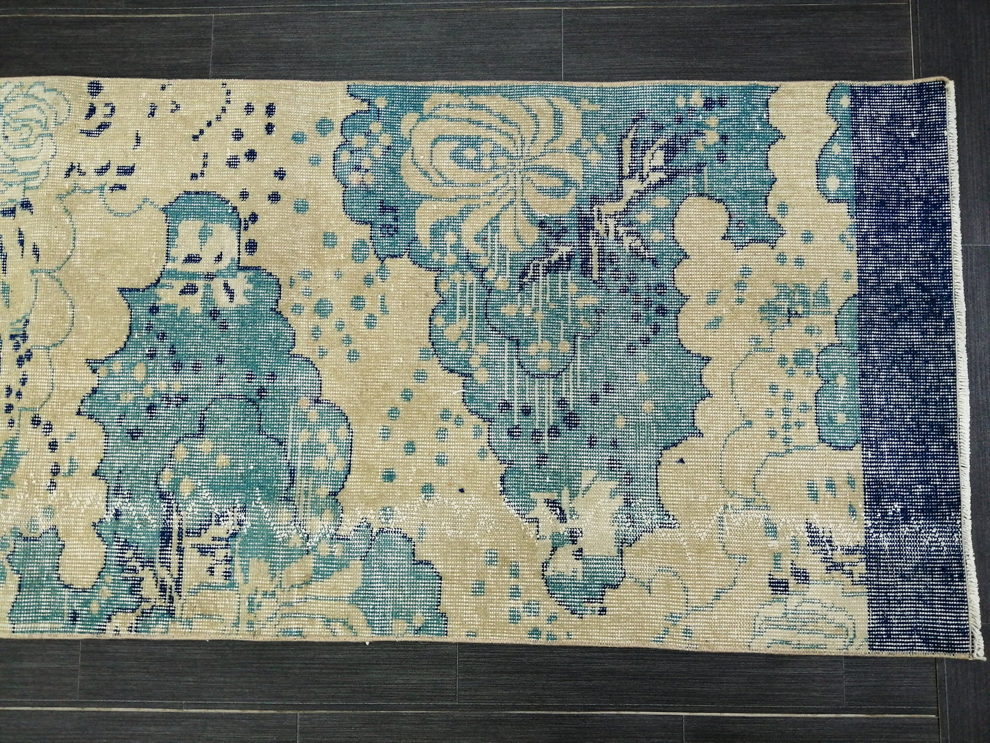 Oushak Runner Rug 10.5 X 2.5  Turkish Runner Rug Vintage Runner Rug  Beige and Blue Hallway Runner Rug Kitchen Runner Rug vinatgeturkish_rug