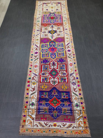 Oushak Runner Rug 3 x 11.5 Turkish Runner Rug Muted Vintage Runner Rug Hallway Runner Rug Kitchen Runner Rug Wool Staircase Runner Rug