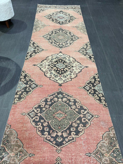 Vintage Turkish Runner Rug, Oushak Runner Rug, Handmade 2.9 x 11.6 Runner Rug, Hand Knotted Runner Rug, Hallway Runner, Kitchen Runner