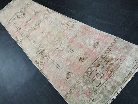 2.8 x 10.9 Distressed Oushak Runner Rug Muted Turkish Runner Rug Vintage Runner Rug Muted Hallway Runner Rug Kitchen Runner Rug Wool Runner
