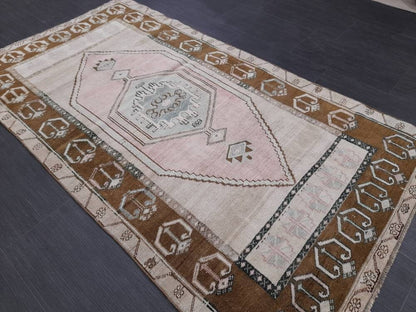 Turkish Rug Pink and Brown Oushak Rugs 3.5 x 6.2 Rug Wool Oriental Rug Hand Knotted Rug Small Farmhouse Rug, Vintage Rug Hand Made Rug
