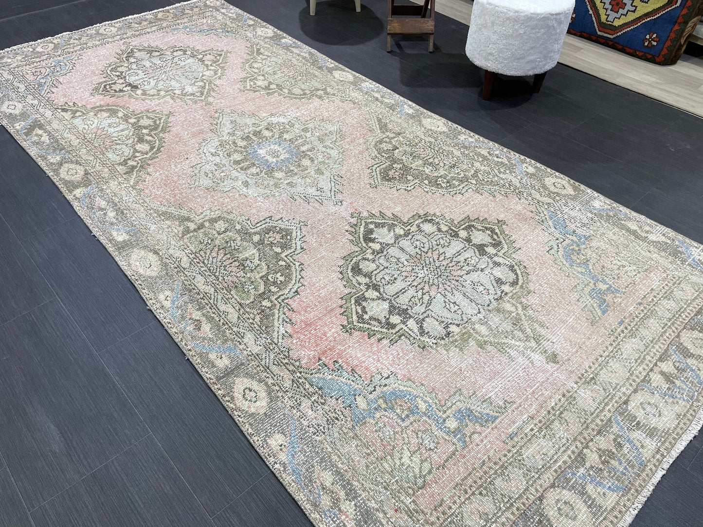 Vintage Runner Rug 4.3 x 9 Persian Runner Rug Wool Oushak Rug Oushak Runner Rug Turkish Runner Pink Kitchen Runner Distressed Hallway Runner