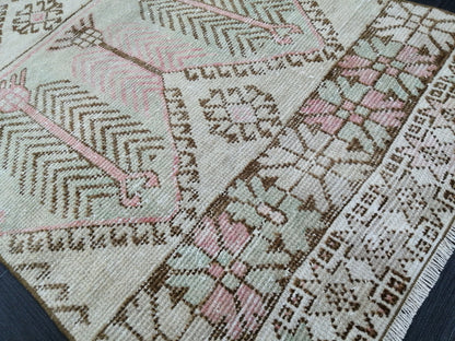 Muted Oushak Runner Rug 11.3 x 3  Pink and Green Vintage Runner Rug Distressed Hallway Runner Rug Kitchen Runner Rug Wool Runner Rug