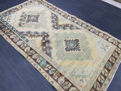 Muted Turkish 3.7 x 6.6 Rug Handmade Rug, Rustic Rug Hand Knotted Rug, Rug Runner, Turkish Rug, Farmhouse Rug, Vintage Rug, Wool rug