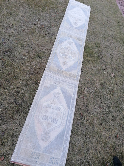 1'9x10'5 muted blue runner rug, faded vintage turkish runner,  hallway runner rug, kicthen runner rug, oushak runner rug