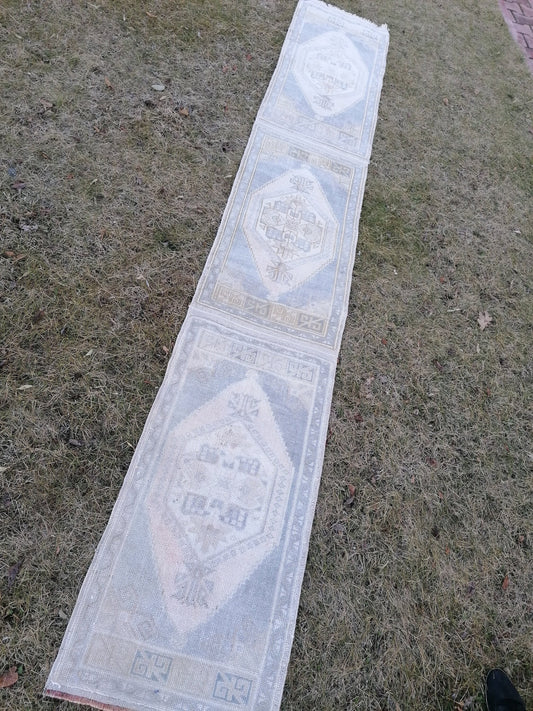 1'9x10'5 muted blue runner rug, faded vintage turkish runner,  hallway runner rug, kicthen runner rug, oushak runner rug