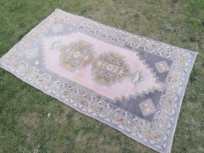 4x6.5 feet oushak turkish bathroom rug, vintage handmade wool rug, kitchen area medium size rug, living room rug, laundry rug,faded blue rug