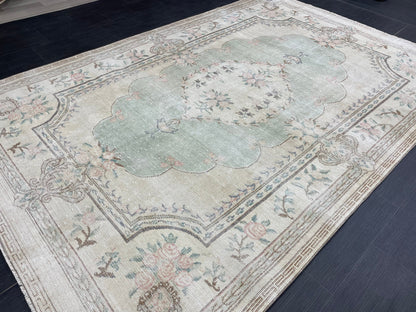 Handmade Rug 6x9 Oushak Rug Distressed Rustic Rug, Light Green Rug Hand Knotted Rug Turkish Rug, Farmhouse Rug, Vintage Rug, Wool rug
