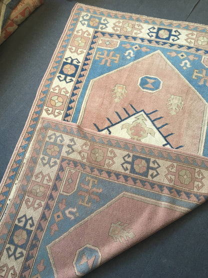 5x8 feet pink muted turkish wool large carpet, handmade vintage wide carpet, oushak bedroom rug, kitchen floor blue rug, laundry etnique rug