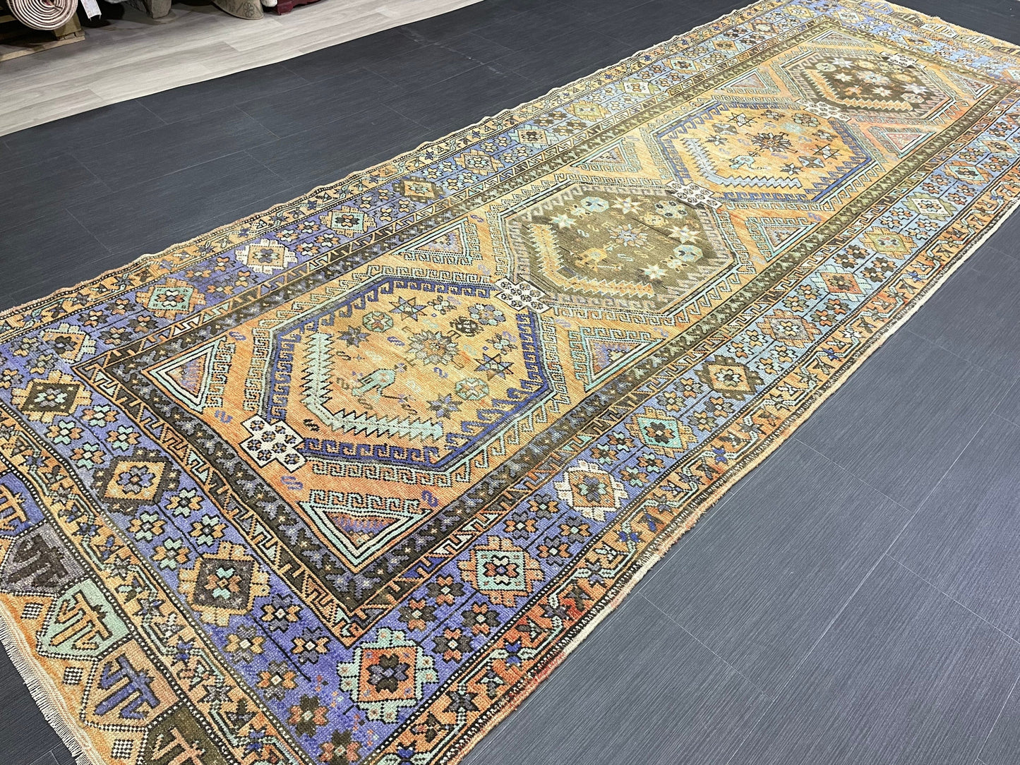 WOOL Oushak Runner Rug Turkish 4.4 x 12.4 Runner Vintage Runner Rug Hallway Runner Rug Kitchen Runner Rug Wool Runner Rug Wool Hand Knotted