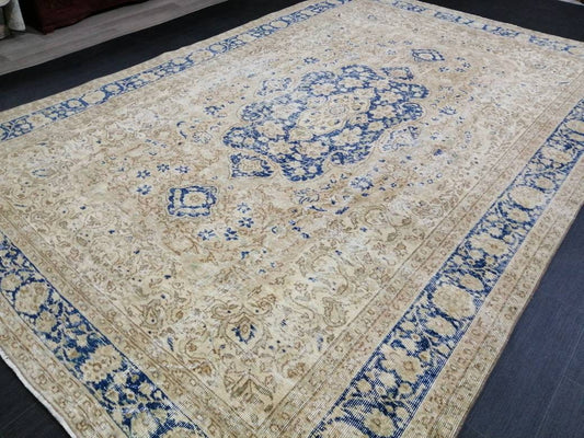 Large Persian RUG 7x10 Oriental Rug Vintage Oushak Runner Rug Rug Wool Turkish Rug Hand Made Rug Blue Vintage Persian Rug Blue and cream