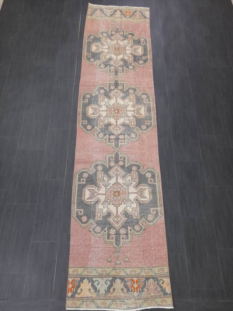 Muted Vintage Runner Rug 2.6 x 10.6 Hand Made Runner Rug Turkish Runner Rug Pink Vintage Runner Rug Hallway Runner Rug Wool Kitchen Runner