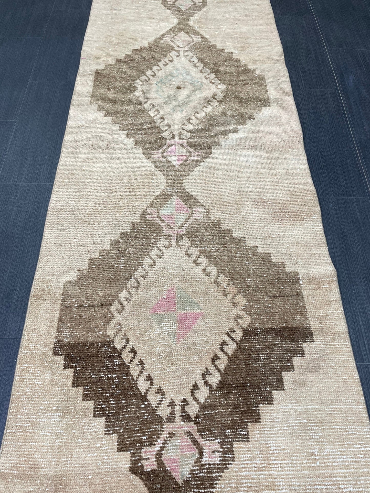 Muted Vintage Runner Rug 2.6 x 12.2 Hand Made Runner Rug Turkish Runner Rug Pink Vintage Runner Rug Hallway Runner Rug Wool Kitchen Runner