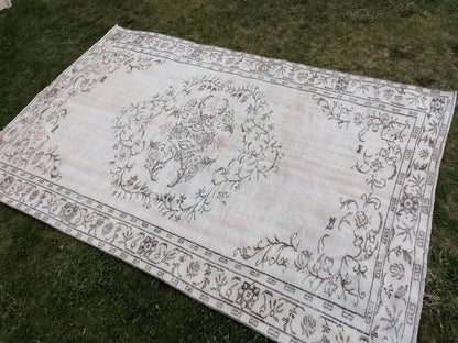Natural handmade wool rug, living room rug, distressed rug 5'10x9 vintage rug,oushak turkish rug
