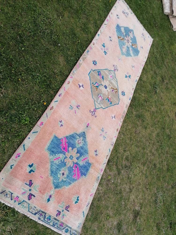 Vintage  blue runner, oushak wool runner 3x10'4 hallway green runner, turkish runner rug, entery runner, kitchen runner