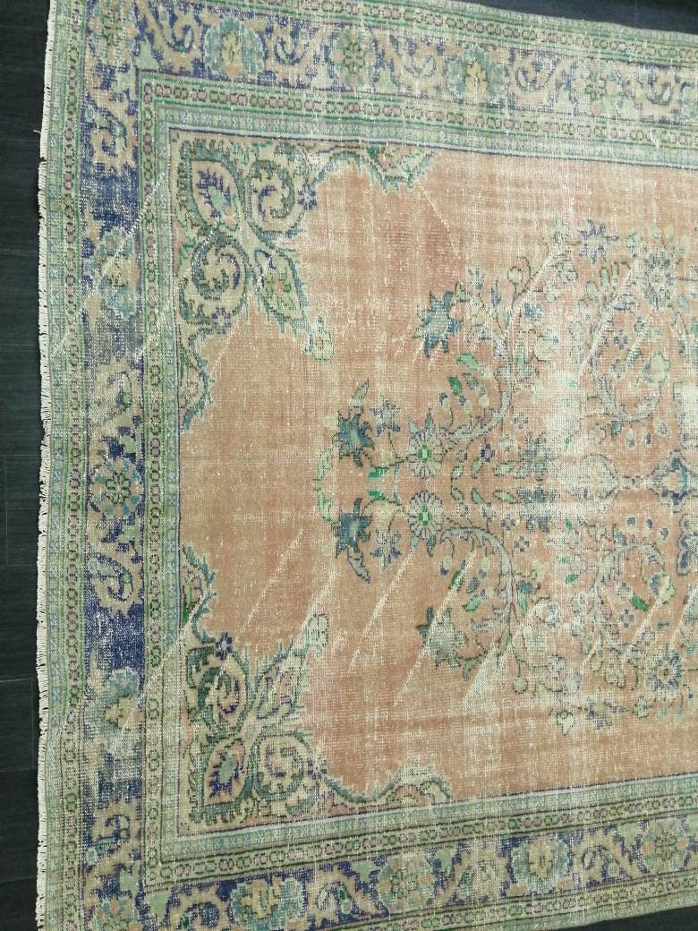 12 x 8 Turkish Rug, Oushak Rug, Muted Wool Rug, 8x12 Large Oushak Rugs,Rusty pink and Blue Orange Rug, Vintage Rug, Muted Hand Made Rug