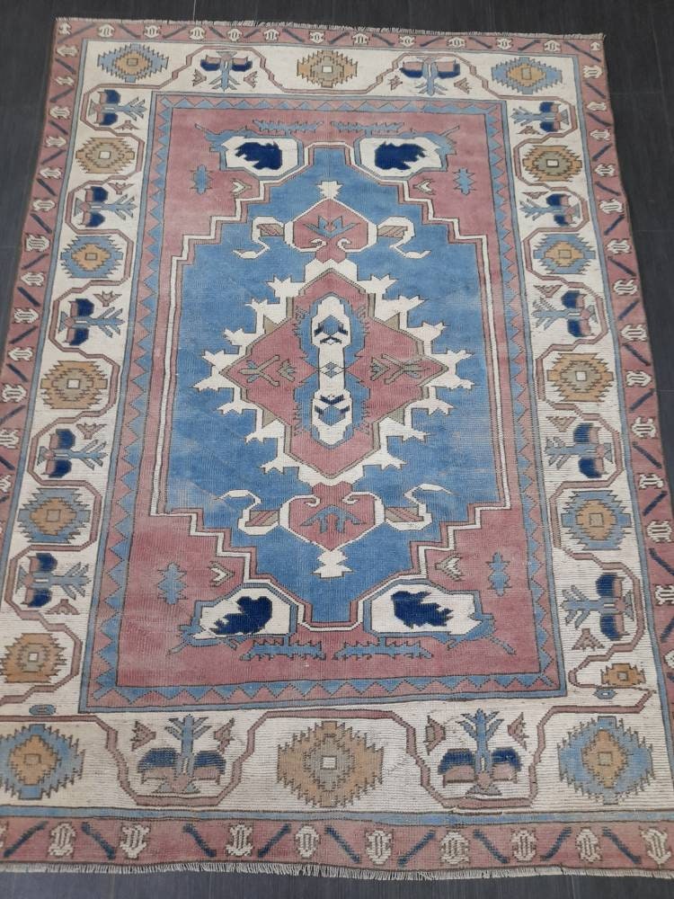 Blue Distressed Wool 5.6 x 7.8 RUG TURKISH Rug Vintage Oriental Rug Vintage Rug Oushak Rug Hand Made Rug Vintage Hand Knotted Turkish Rug