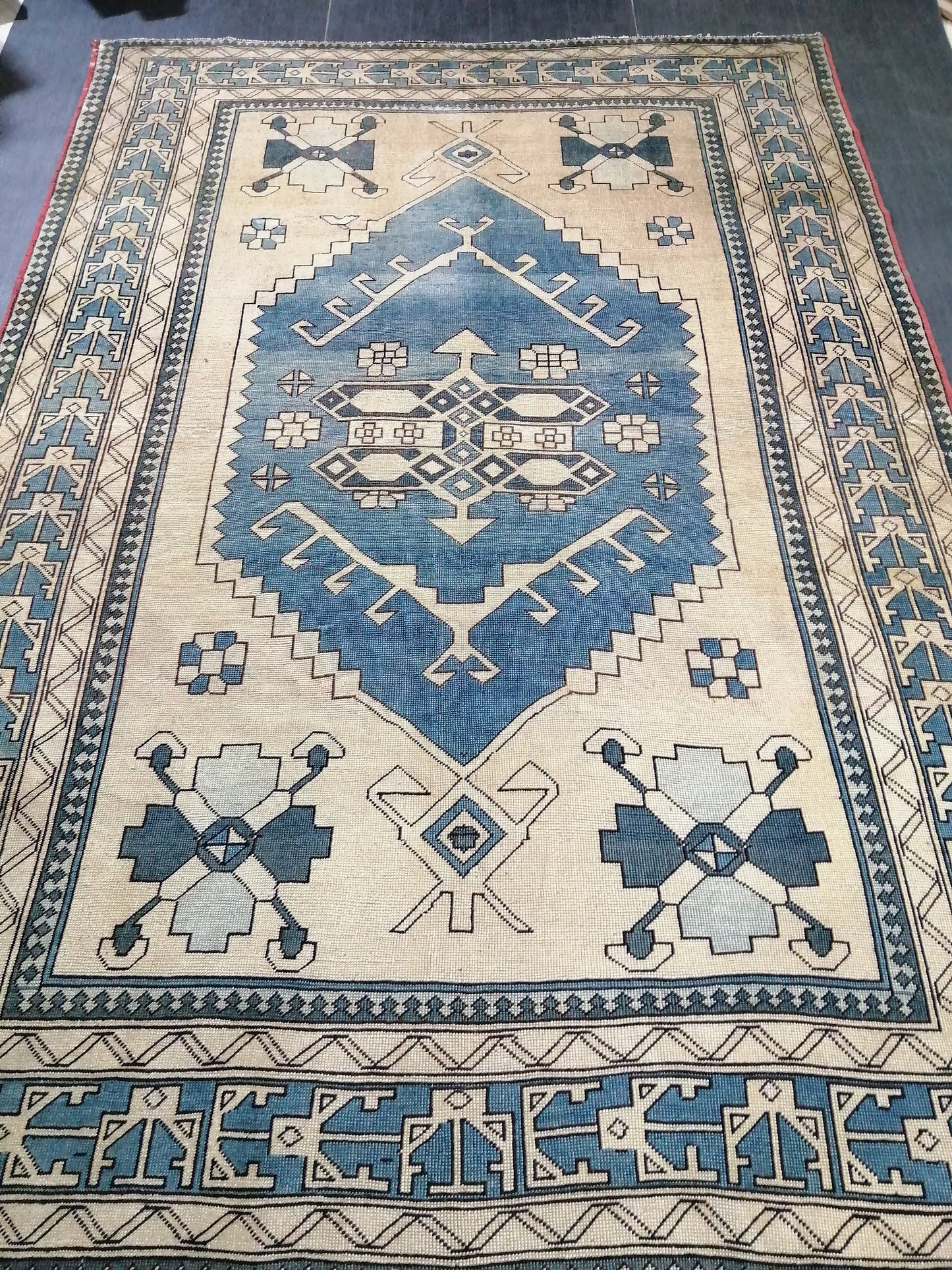 Blue Vintage Rug 7.2 x 10.6 Authentic Turkish Oushak Rug Hand Knotted Rug Rustic Rug, Wool Turkish Rug 7x10 Rug, Beige Oriental Rug 7x11 rug