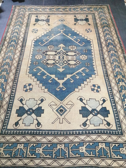 Blue Vintage Rug 7.2 x 10.6 Authentic Turkish Oushak Rug Hand Knotted Rug Rustic Rug, Wool Turkish Rug 7x10 Rug, Beige Oriental Rug 7x11 rug