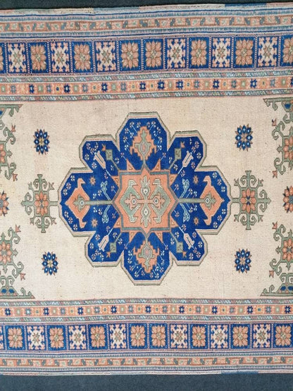 Turkish blue wool rug, vintage oushak rug 5x6'8