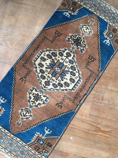 1.3x3 feet handmade turkish mini rug, vintage brown wool kitchen floor mini rug, small handmade blue laundry rug, small bath mat, mini rug