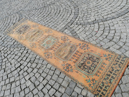 11'x2'10 oushak turkish runner rug, vintage turkish runner rug, oushak vintage rug, vintage rug, kitchen runner rug, vintage anatolian rug
