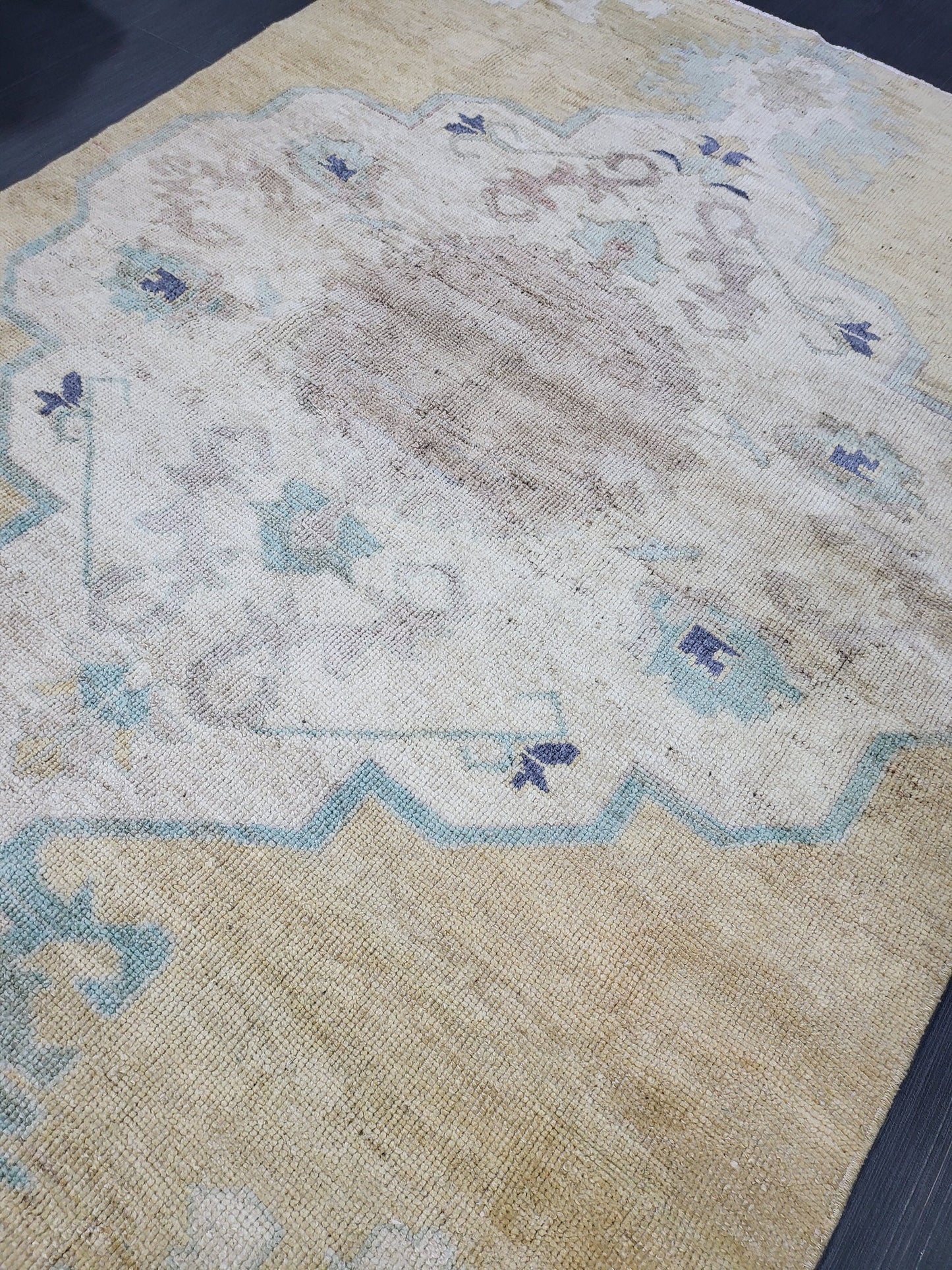 Turkish Rug, Oushak Rug, Wool 4 x 5.8 Oriental Rug, Blue Oushak Vintage Persian Rug, Handmade Rug