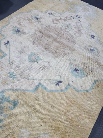 Turkish Rug, Oushak Rug, Wool 4 x 5.8 Oriental Rug, Blue Oushak Vintage Persian Rug, Handmade Rug