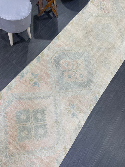 Muted Oushak Runner Rug 3 x 12.5 Vintage Turkish Runner Rug Vintage Runner Rug Hallway Runner Rug Kitchen Runner Rug Wool Runner Rug