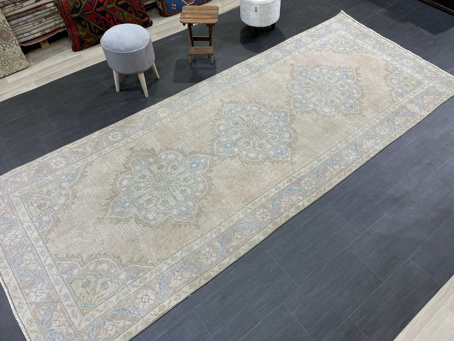 Muted Turkish Runner Rug Turkish Oushak 4.4 x 11.2 Runner Rug Vintage Runner Rug Hallway Runner Rug Kitchen Runner Rug Wool Runner Rug