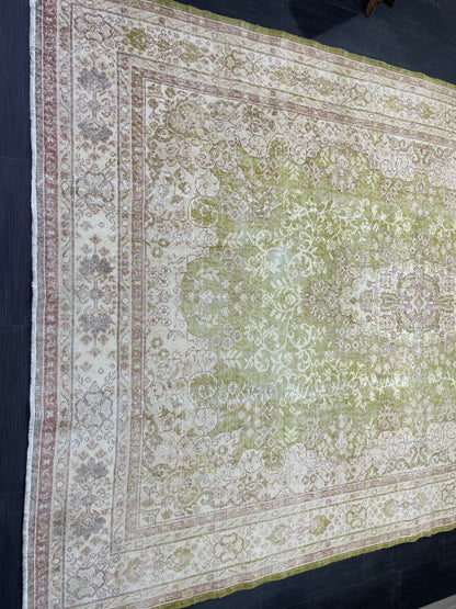Vintage RUG Turkish 7 x 10.3 Rug Antique Rug Neon Green Rug Wool Muted Oriental Rug Handmade Rug Hand Knotted Rug Persian Rug