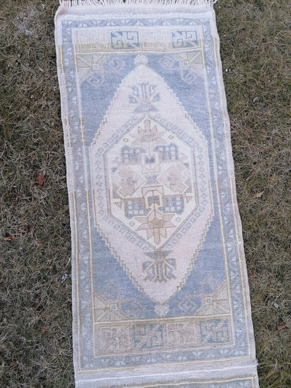 1'9x10'5 muted blue runner rug, faded vintage turkish runner,  hallway runner rug, kicthen runner rug, oushak runner rug