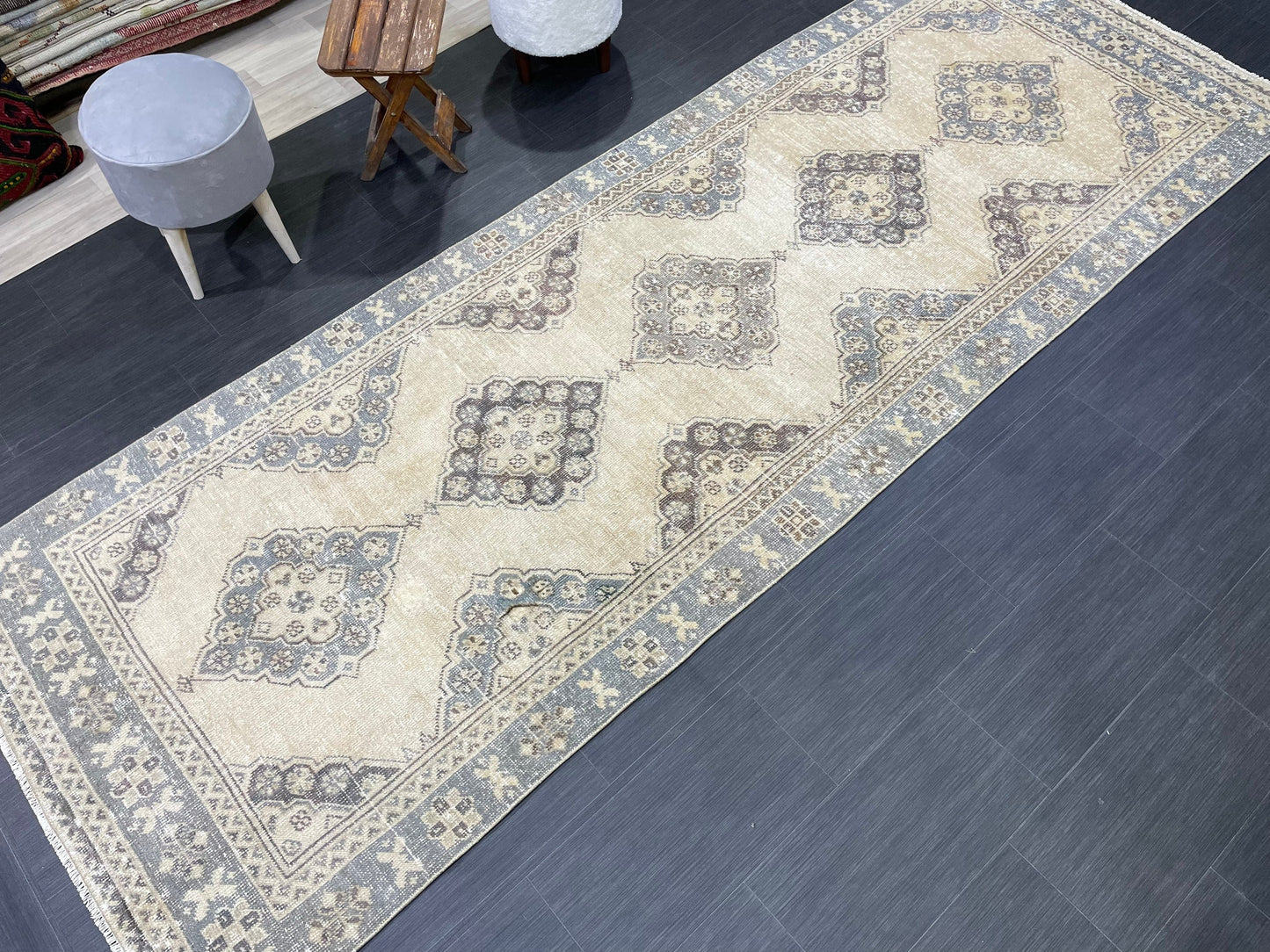 Hand Knotted Runner Rug Turkish Runner 3.8 x 10.8 Rug Vintage Gray Blue Runner Rug Hallway Runner Kitchen Runner Country modern Runner Rug